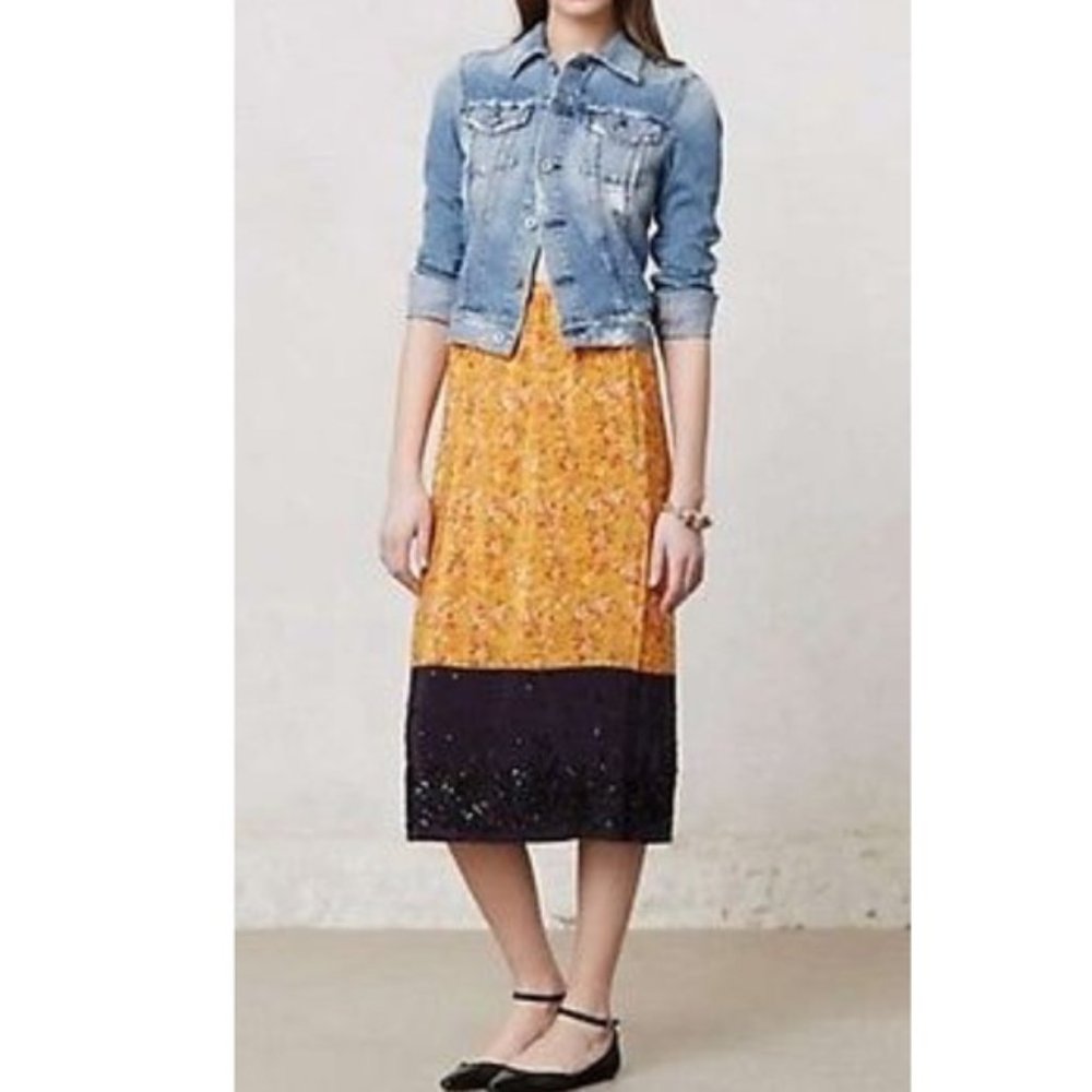 Anthropologie Silk Road Beaded  Floral Silk Skirt